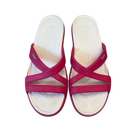 CROCS Patricia II Low Wedge Slide Sandals Women’s 10 Pink White Comfort Strappy - Picture 5 of 9